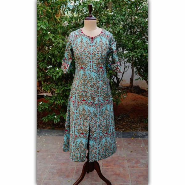 Image for Sr 08 Mughal Print Turquoise Maroon Kurta Front