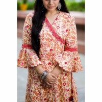 Image for Kessa Sr22 Peach Jaal Print Angrakha Dress Closeup