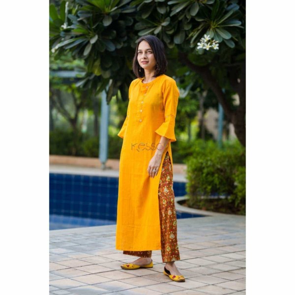Image for Kessa Ws318 Yellow Solid Kurta Printed Pants Featured