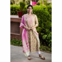 Image for Kuoj03 Kessa Kusum Mehndi Green Pink Kurta Dupatta Front Cotton