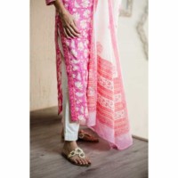 Image for Kuoj08 Kessa Kusum Pink White Lotus Jaal Kurta Cotton Dupatta Side Cut