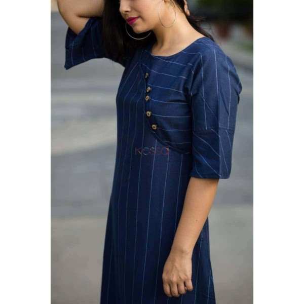 Image for Ws316 Kessa Navy Blue Khadi Frill Dress Side
