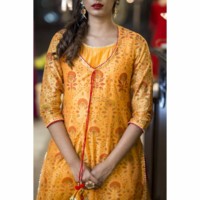 Image for Kessa Dark Yellow Chanderi Double Layered Dress Closeup