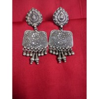 Image for Kessa Kusum Kt03 Tribal Silver Earrings Rectangular Motif Closeup