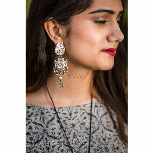 Image for Kessa Kusum Tribal Silver Earrings With Peacock Motif