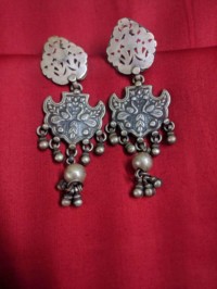 Image for Kessa Kusum Tribal Silver Earrings With Peacock Motif Closeup Scaled