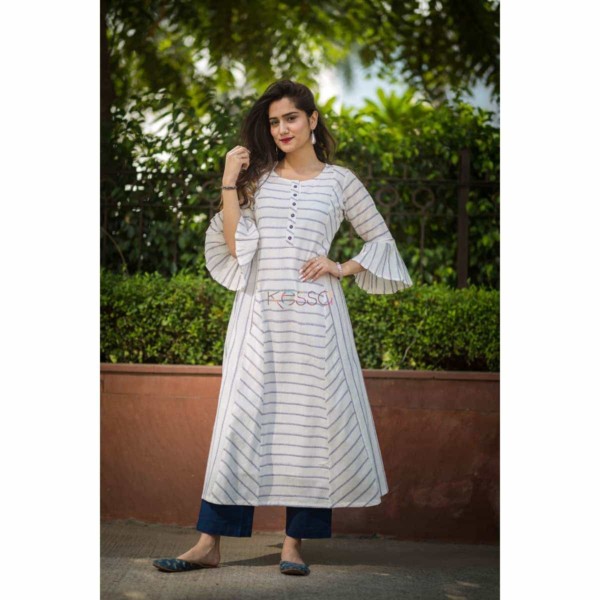 Image for Kessa Ws339 A Line White Kurta With Blue Stripes Featured