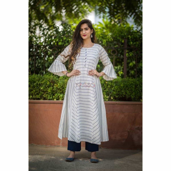 Image for Kessa Ws339 A Line White Kurta With Blue Stripes Front