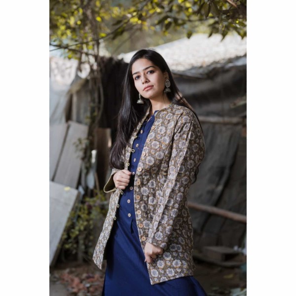 Image for Kessa Kj02 Women Full Sleeves Flower Print Quilted Long Jacket Side