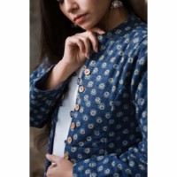 Image for Kessa Kj05 Indigo Full Sleeves Flower Print Quilted Long Jacket Closeup
