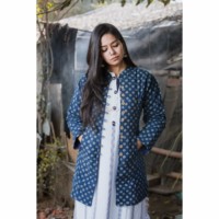 Image for Kessa Kj05 Indigo Full Sleeves Flower Print Quilted Long Jacket Featured