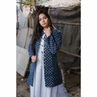 Image for Kessa Kj05 Indigo Full Sleeves Flower Print Quilted Long Jacket Side