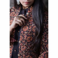 Image for Kessa Kj08 Full Sleeves Black Red Kalamkari Quilted Long Jacket Closeup Print