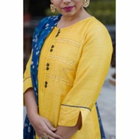 Image for Kessa Ne11 Yellow Cotton Silk Kurta Dupatta Closeup