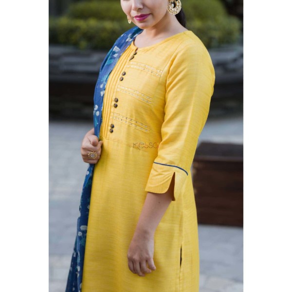 Image for Kessa Ne11 Yellow Cotton Silk Kurta Dupatta Side