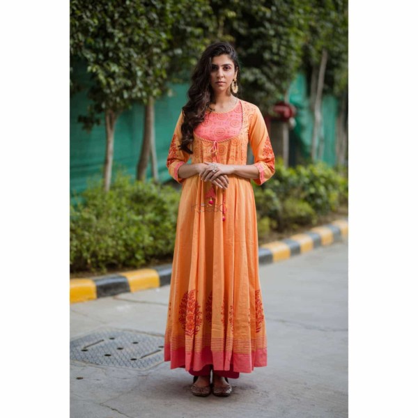 Image for Kessa Ws358 Orange Block Print Dress Front