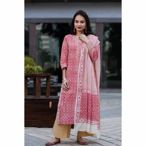 Image for Kusum Kuoj35 Red White Handloom Cotton Kurta Dupatta Featured