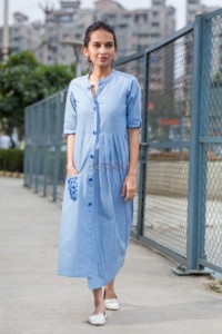 Image for Sky Blue Mid Length Cotton Dress Front