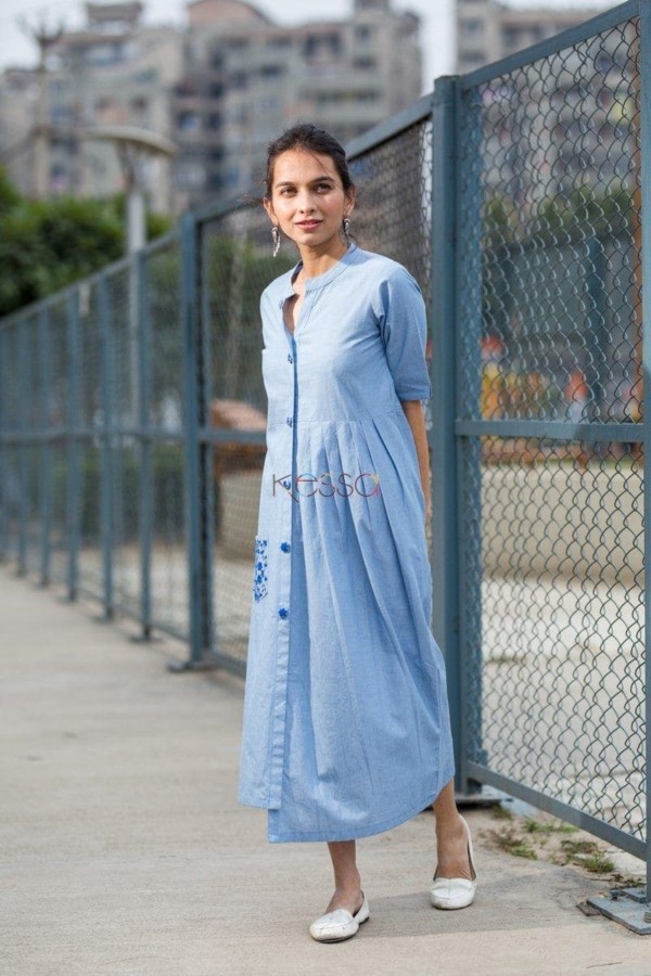 Image for Sky Blue Mid Length Cotton Dress Side