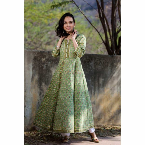 Image for Green Block Print A Line Kurta With Gotta Work Front