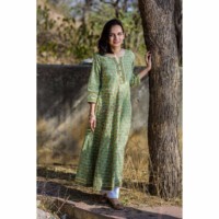 Image for Green Block Print A Line Kurta With Gotta Work Side