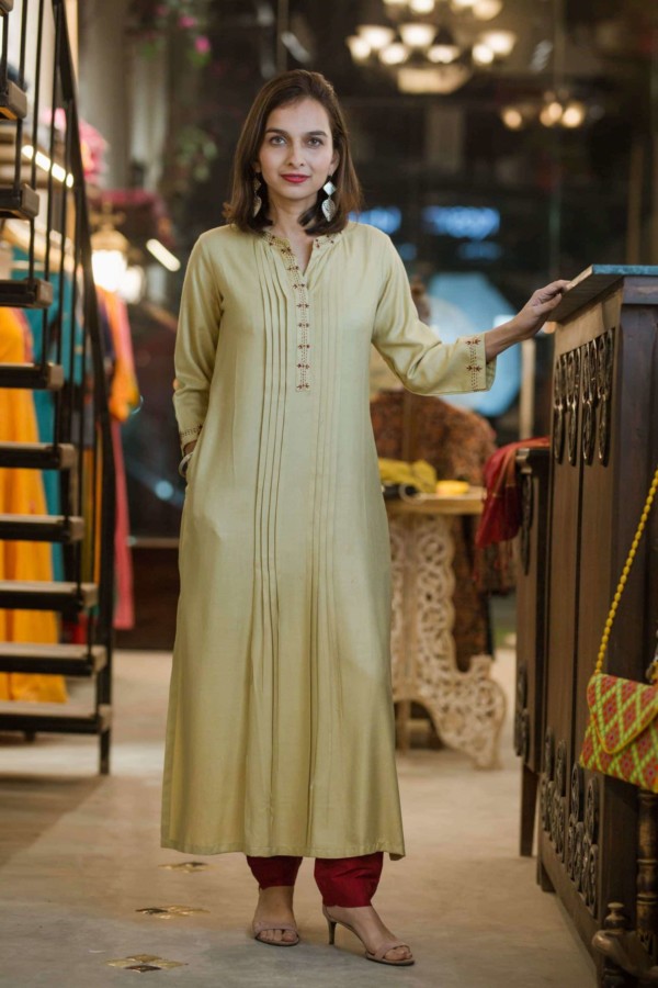Image for Olive Green Modal Silk Kurta Without Dupatta Scaled