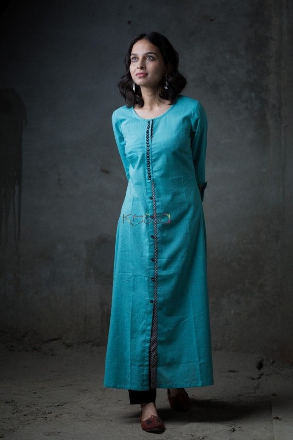 Image for Solid Blue A Line Kurta Front