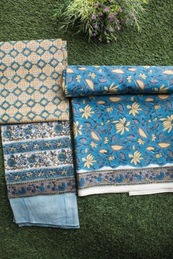 Image for Blue Mustard Print Fabric With Mulmul Dupatta