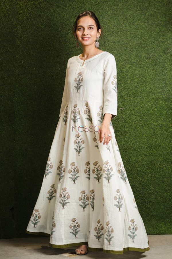 Image for Cream Blue Mughal Boota Dressflare