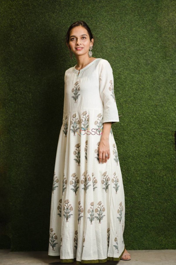 Image for Cream Blue Mughal Boota Dressside