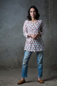 Image for Floral White Block Printed Khadi Top Straight