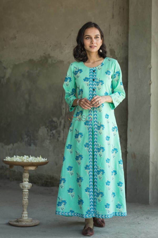 Image for Greenish Blue Kurta With Teal Flowerfront