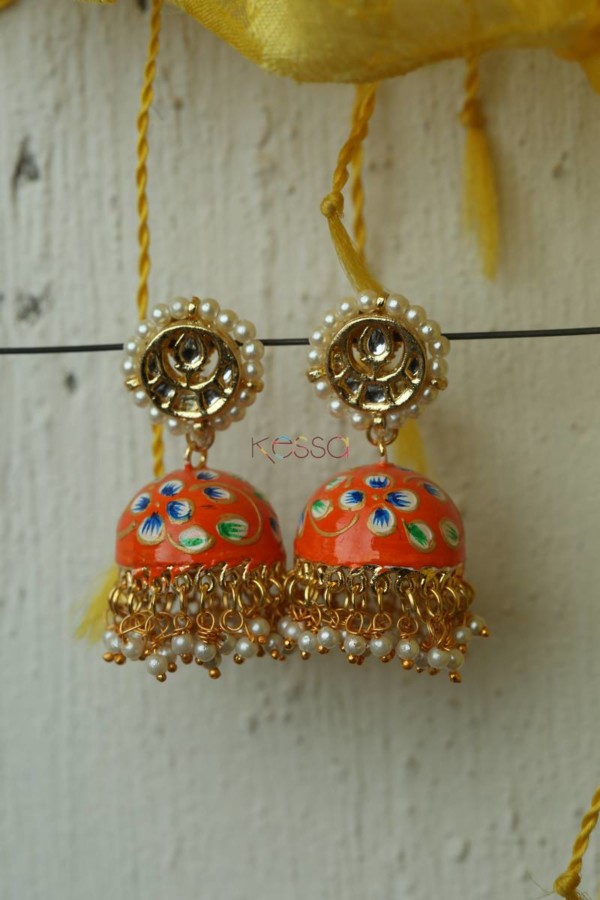 Image for Meenakari Earrings With Moti Dana Kundan Phool Orange