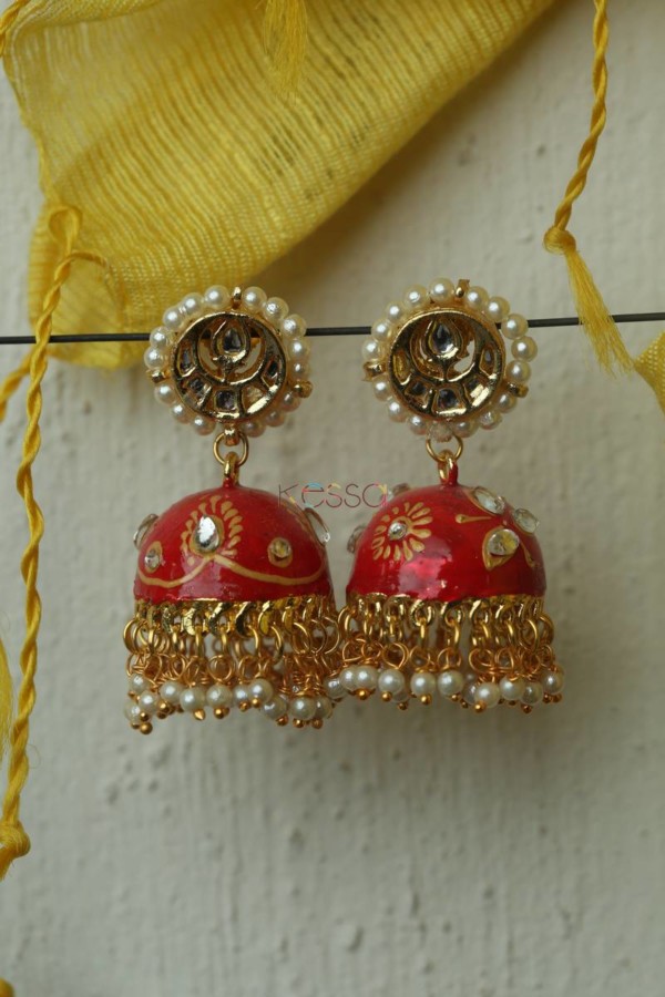 Image for Meenakari Earrings With Moti Dana Kundan Phool Red