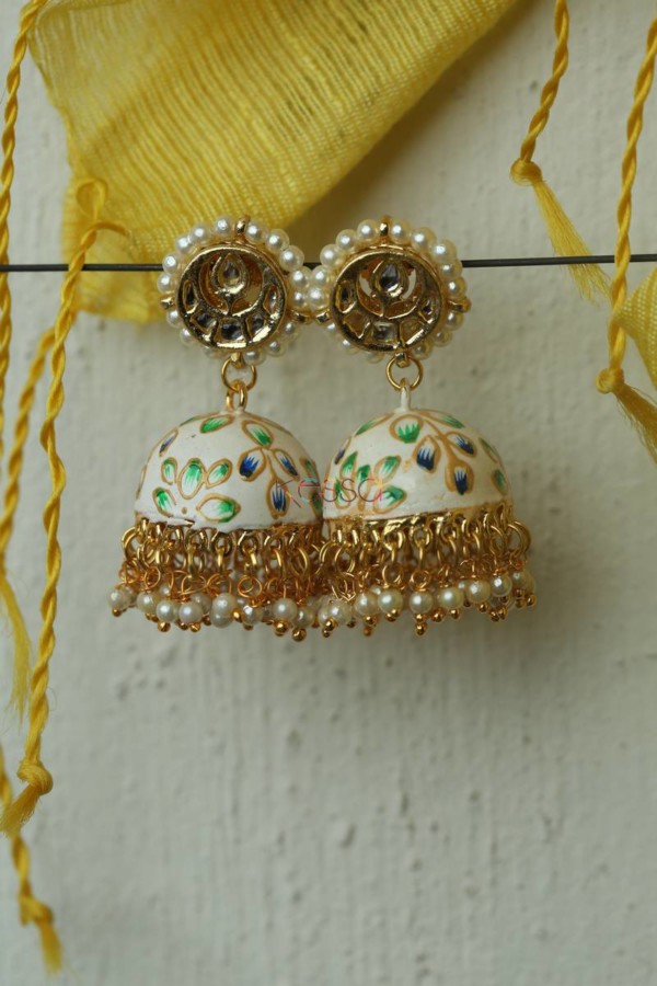 Image for Meenakari Earrings With Moti Dana Kundan Phool White And Blue