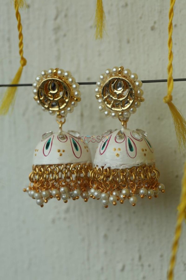 Image for Meenakari Earrings With Moti Dana Kundan Phool Whitemeena