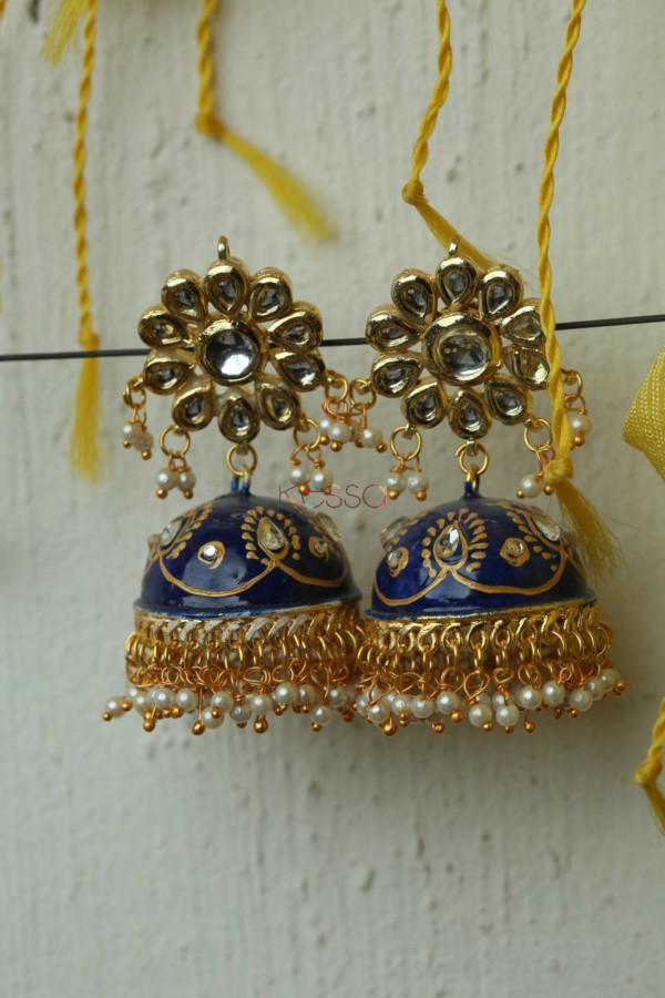 Image for Meenakari Earrings With Kundan Phool Blue