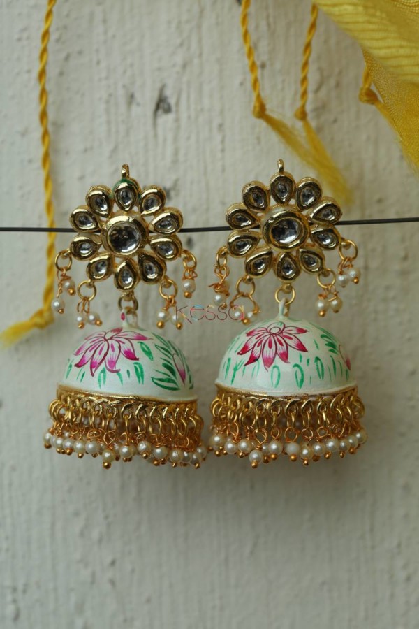 Image for Meenakari Earrings With Kundan Phool Blue And Pink