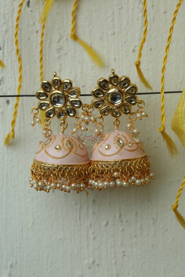 Image for Meenakari Earrings With Kundan Phool Pink