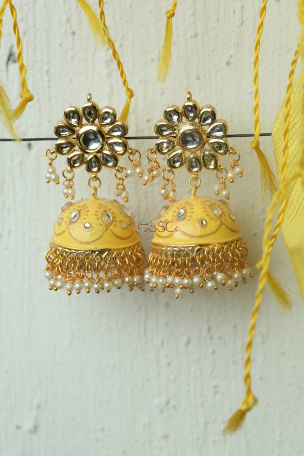 Image for Meenakari Earrings With Kundan Phool Yellow
