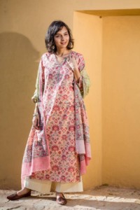 Image for Peach Green Jaal Kurta With Dupatta Front