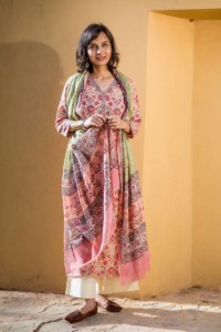 Image for Peach Green Jaal Kurta With Dupatta With Dypatta
