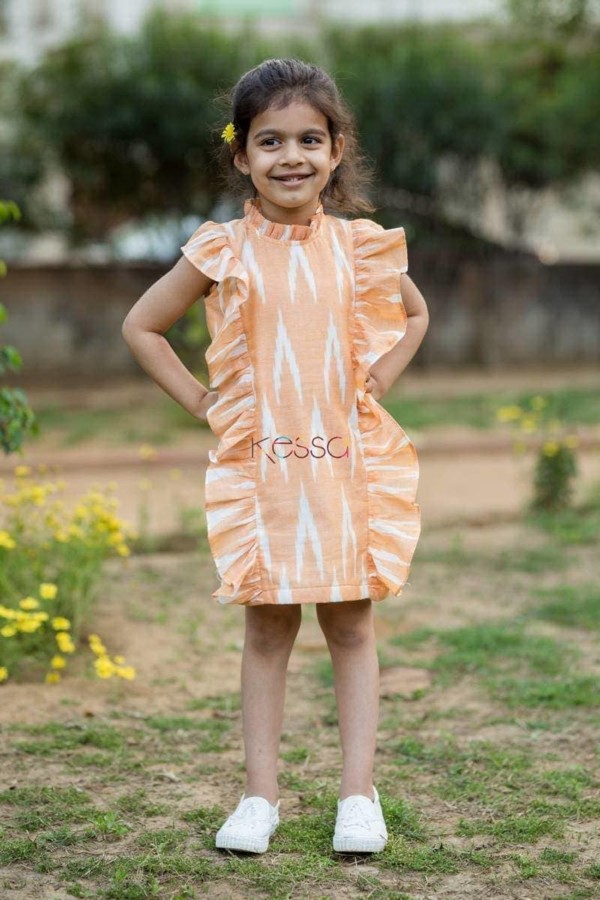 Image for Peach Ikat Frill Dress Side