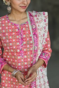 Image for Peach Pink Kurta With Mulmul Dupatta Closeup