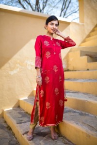 Image for Red Gold Block Modal Silk With Pant