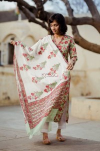 Image for Red Green Phool Jaal Kurta With Dupatta Detail