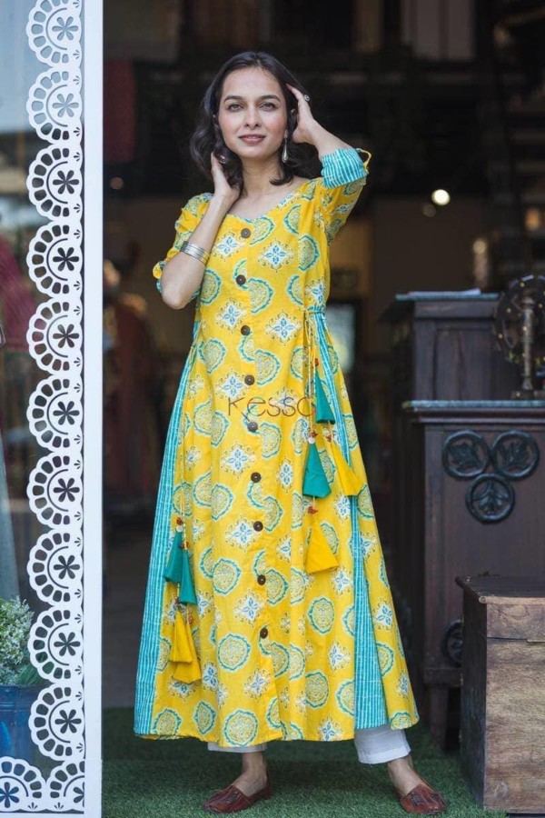 Image for Yellow Turquoise A Line Dresskurta Closeup