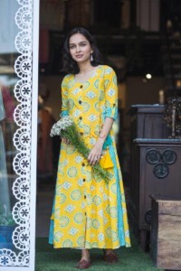 Image for Yellow Turquoise A Line Dresskurta Featured