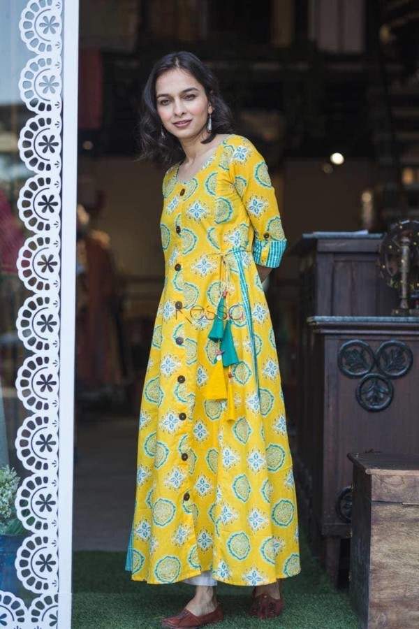 Image for Yellow Turquoise A Line Dresskurta Side
