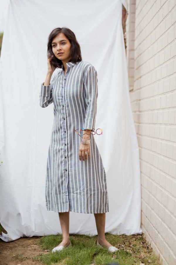 Image for Corporate Stripe Grey And White Long Dress Front